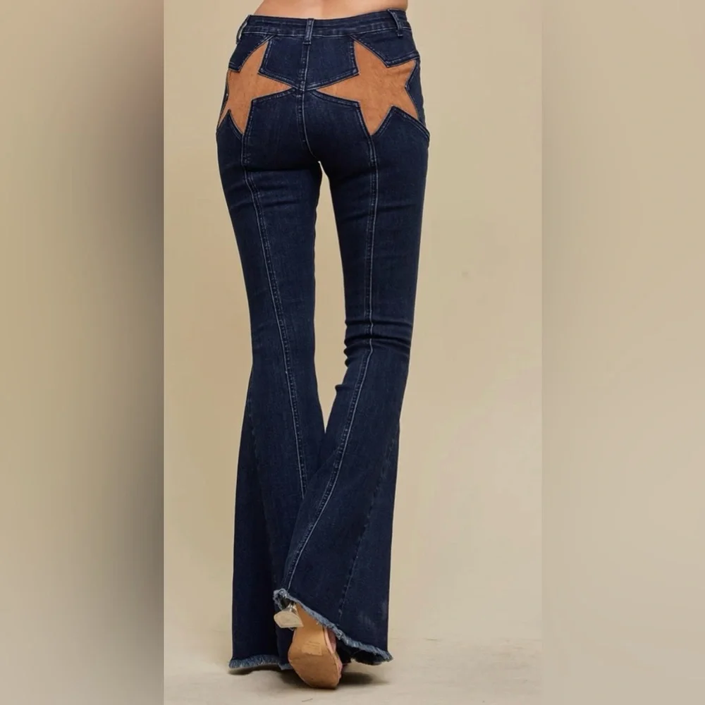 BAELEVY NWT faux dude star flare pants -blue/tan -large - Picture 3 of 10